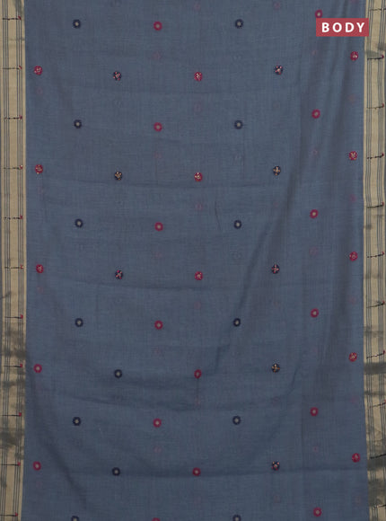 Jamdhani cotton saree bluish grey with thread woven buttas & embroidery work and embroidery jamdhani pallu