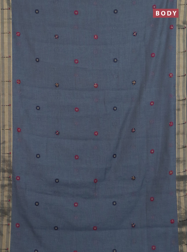 Jamdhani cotton saree bluish grey with thread woven buttas & embroidery work and embroidery jamdhani pallu