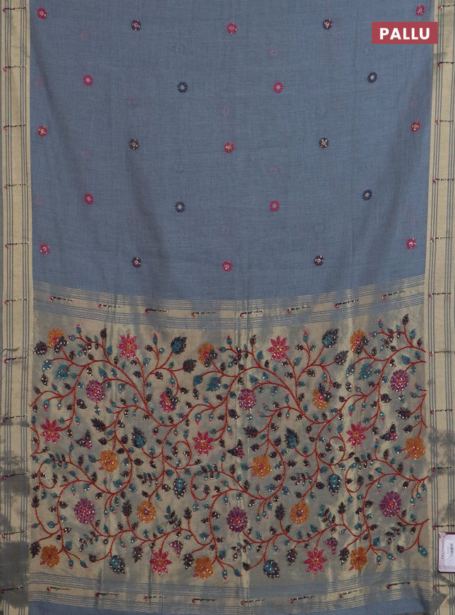 Jamdhani cotton saree bluish grey with thread woven buttas & embroidery work and embroidery jamdhani pallu
