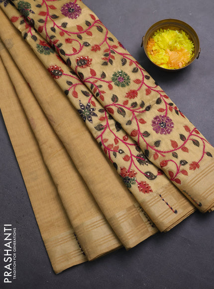 Jamdhani cotton saree sandal with thread woven buttas & embroidery work and embroidery jamdhani pallu