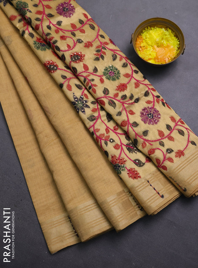 Jamdhani cotton saree sandal with thread woven buttas & embroidery work and embroidery jamdhani pallu