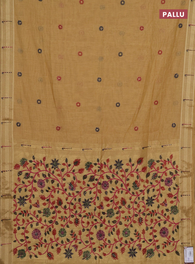 Jamdhani cotton saree sandal with thread woven buttas & embroidery work and embroidery jamdhani pallu