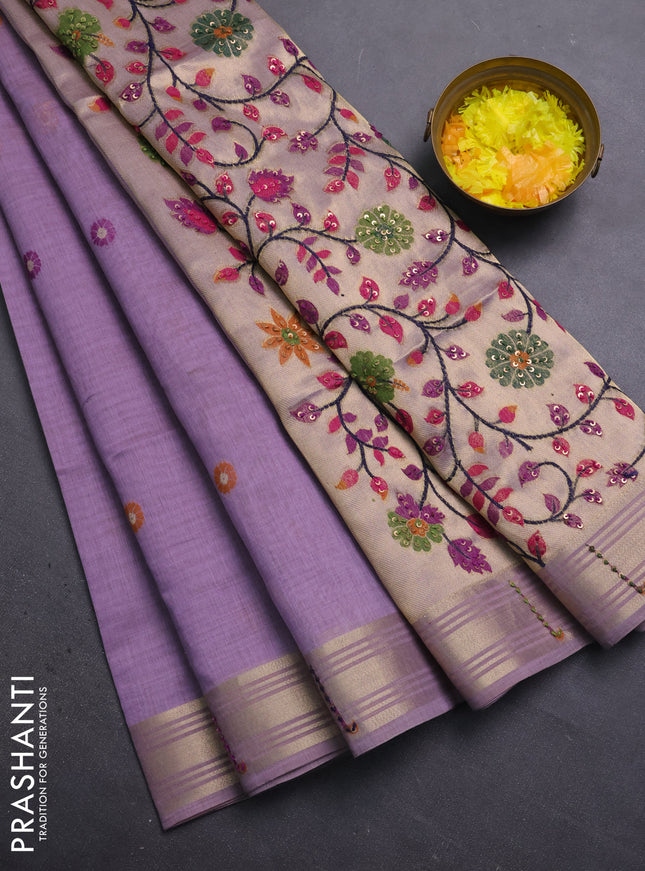 Jamdhani cotton saree lavender with thread woven buttas & embroidery work and embroidery jamdhani pallu