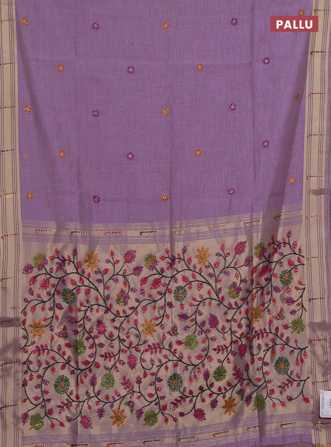 Jamdhani cotton saree lavender with thread woven buttas & embroidery work and embroidery jamdhani pallu