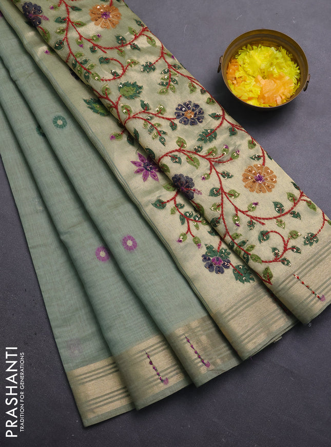 Jamdhani cotton saree pastel green with thread woven buttas & embroidery work and embroidery jamdhani pallu