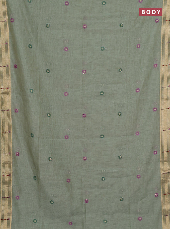 Jamdhani cotton saree pastel green with thread woven buttas & embroidery work and embroidery jamdhani pallu