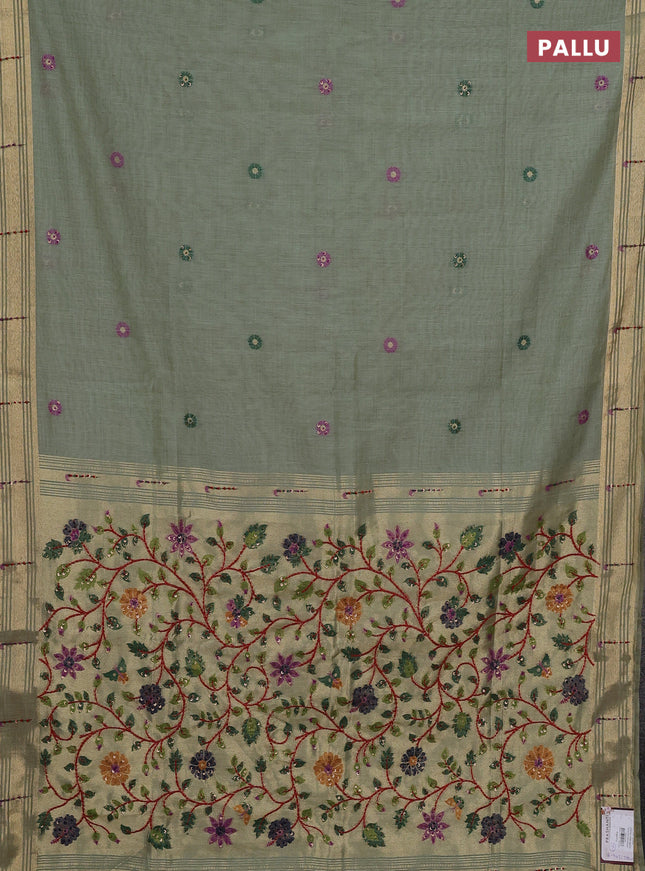 Jamdhani cotton saree pastel green with thread woven buttas & embroidery work and embroidery jamdhani pallu