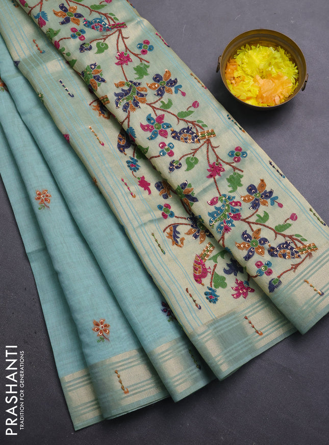 Jamdhani cotton saree teal green shade with thread woven buttas & embroidery work and embroidery jamdhani pallu