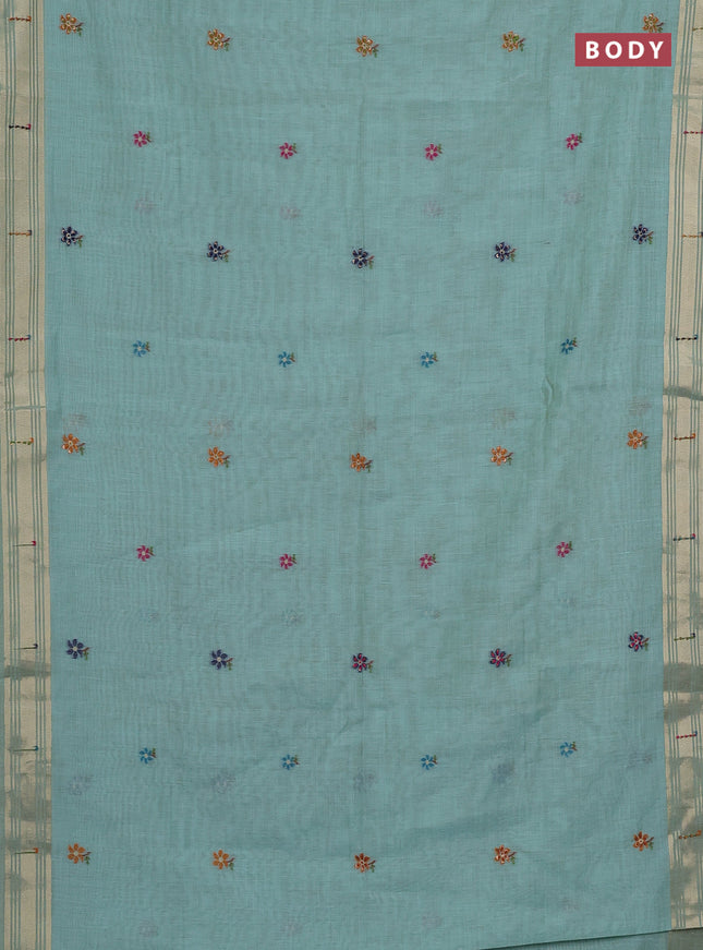 Jamdhani cotton saree teal green shade with thread woven buttas & embroidery work and embroidery jamdhani pallu
