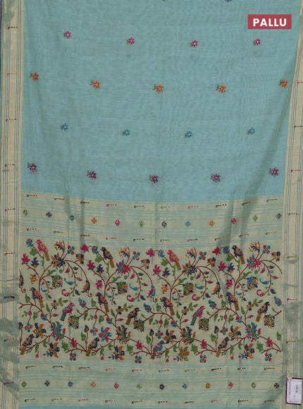 Jamdhani cotton saree teal green shade with thread woven buttas & embroidery work and embroidery jamdhani pallu