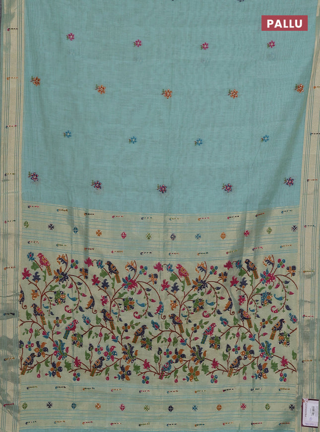 Jamdhani cotton saree teal green shade with thread woven buttas & embroidery work and embroidery jamdhani pallu