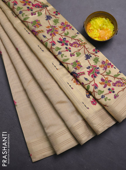 Jamdhani cotton saree sandal with thread woven buttas & embroidery work and embroidery jamdhani pallu
