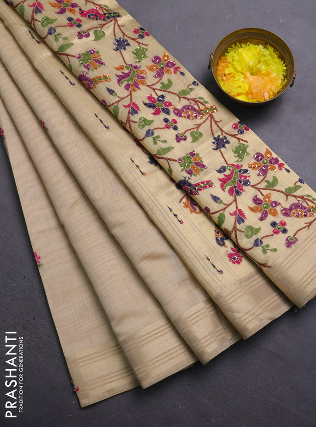 Jamdhani cotton saree sandal with thread woven buttas & embroidery work and embroidery jamdhani pallu