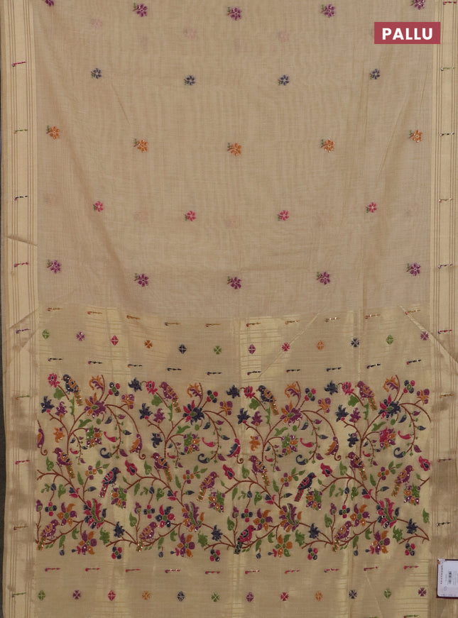 Jamdhani cotton saree sandal with thread woven buttas & embroidery work and embroidery jamdhani pallu