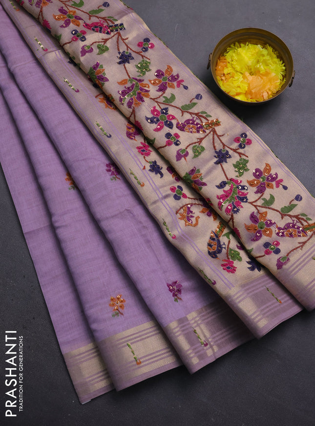 Jamdhani cotton saree lavender with thread woven buttas & embroidery work and embroidery jamdhani pallu