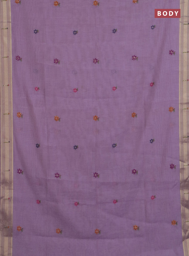 Jamdhani cotton saree lavender with thread woven buttas & embroidery work and embroidery jamdhani pallu