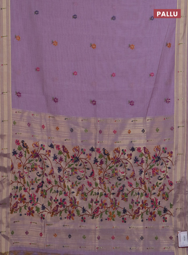 Jamdhani cotton saree lavender with thread woven buttas & embroidery work and embroidery jamdhani pallu