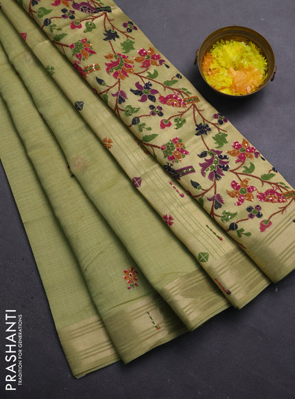Jamdhani cotton saree pista green with thread woven buttas & embroidery work and embroidery jamdhani pallu
