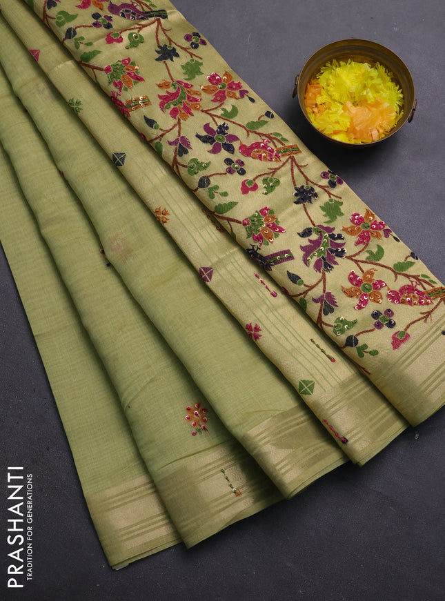 Jamdhani cotton saree pista green with thread woven buttas & embroidery work and embroidery jamdhani pallu