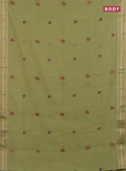 Jamdhani cotton saree pista green with thread woven buttas & embroidery work and embroidery jamdhani pallu