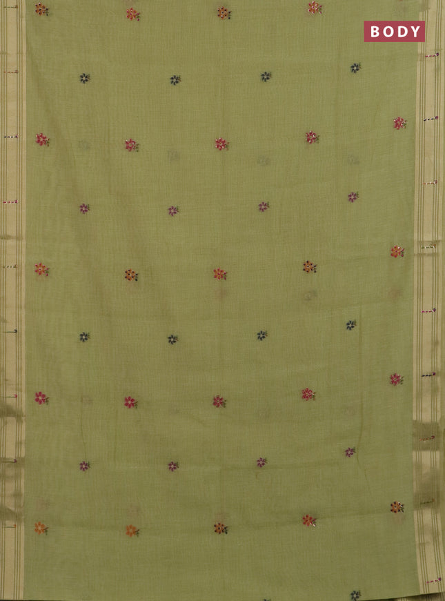 Jamdhani cotton saree pista green with thread woven buttas & embroidery work and embroidery jamdhani pallu