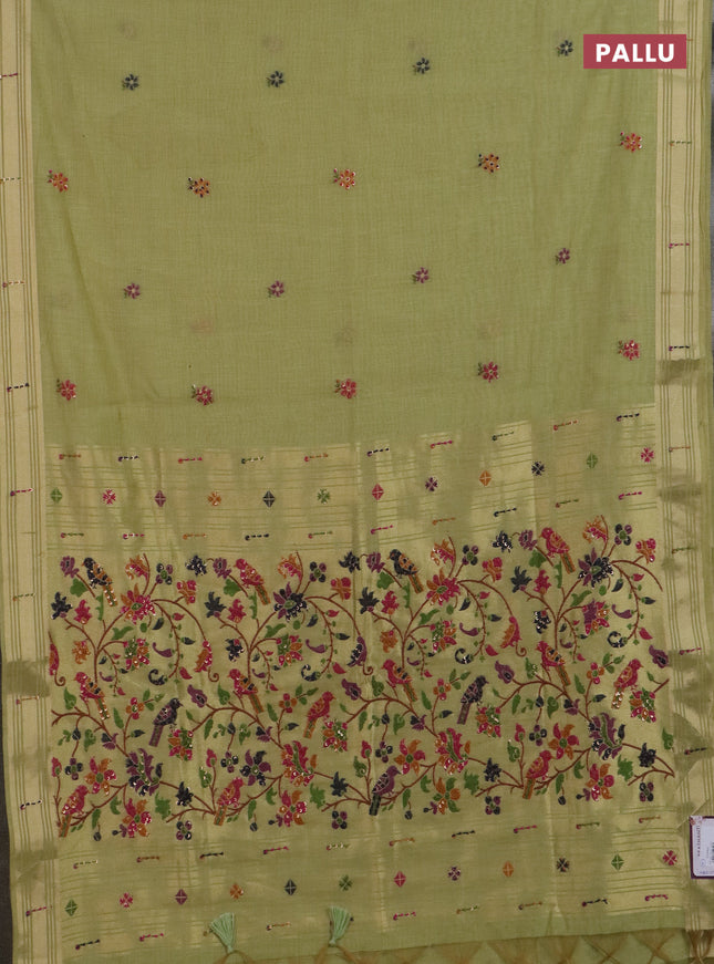 Jamdhani cotton saree pista green with thread woven buttas & embroidery work and embroidery jamdhani pallu