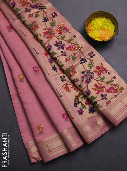 Jamdhani cotton saree peach pink with thread woven buttas & embroidery work and embroidery jamdhani pallu