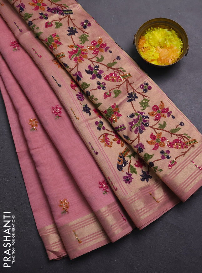 Jamdhani cotton saree peach pink with thread woven buttas & embroidery work and embroidery jamdhani pallu