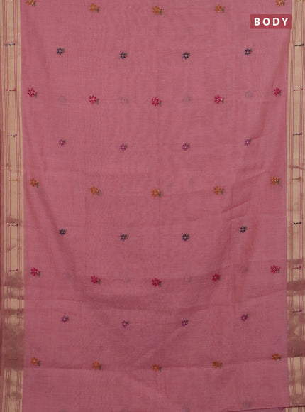 Jamdhani cotton saree peach pink with thread woven buttas & embroidery work and embroidery jamdhani pallu