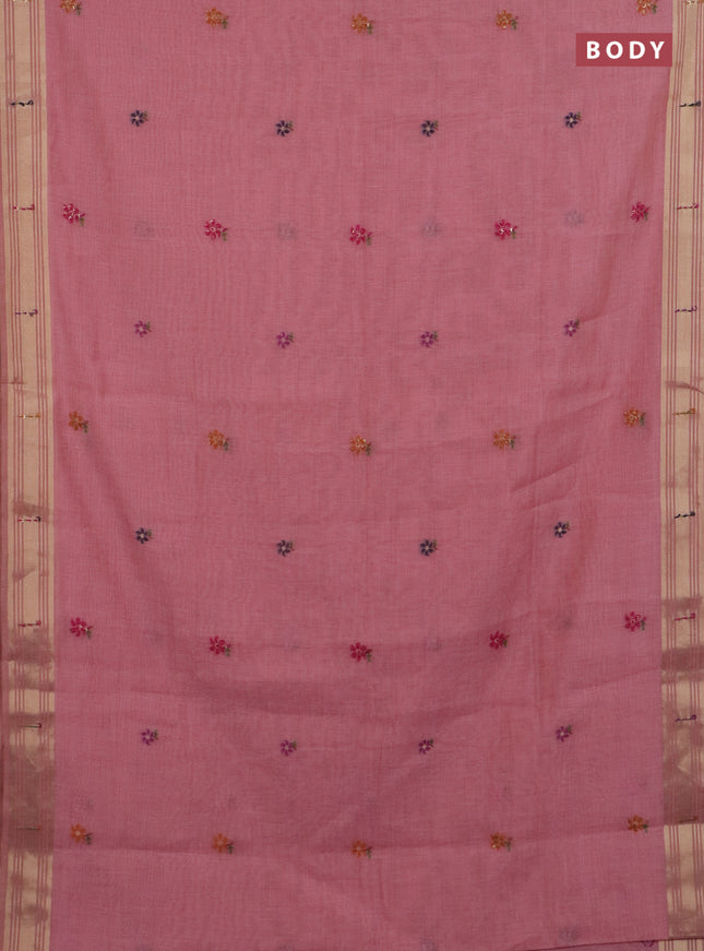 Jamdhani cotton saree peach pink with thread woven buttas & embroidery work and embroidery jamdhani pallu