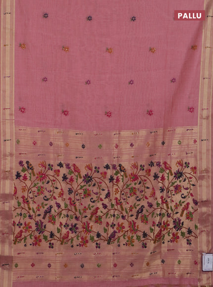 Jamdhani cotton saree peach pink with thread woven buttas & embroidery work and embroidery jamdhani pallu