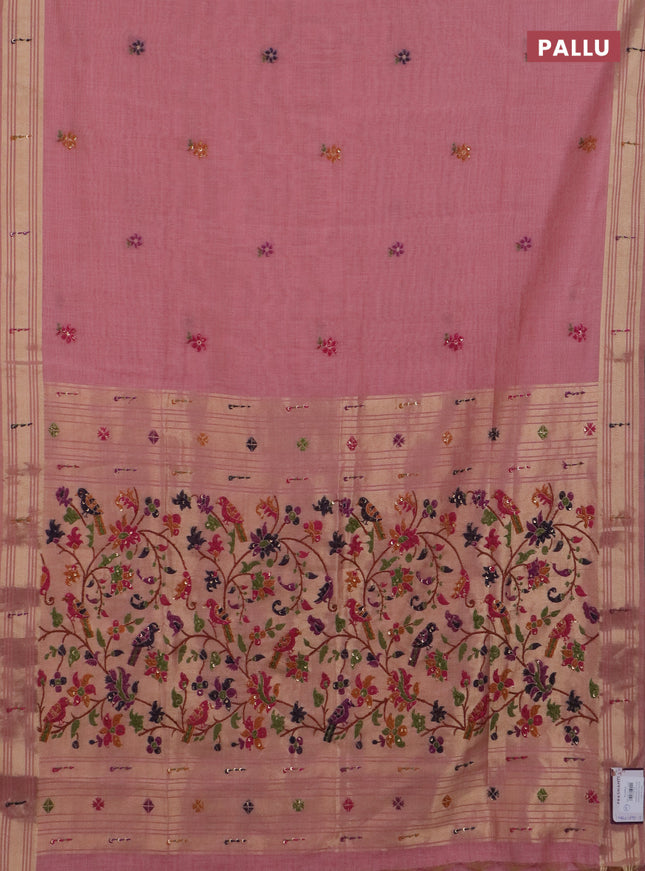 Jamdhani cotton saree peach pink with thread woven buttas & embroidery work and embroidery jamdhani pallu
