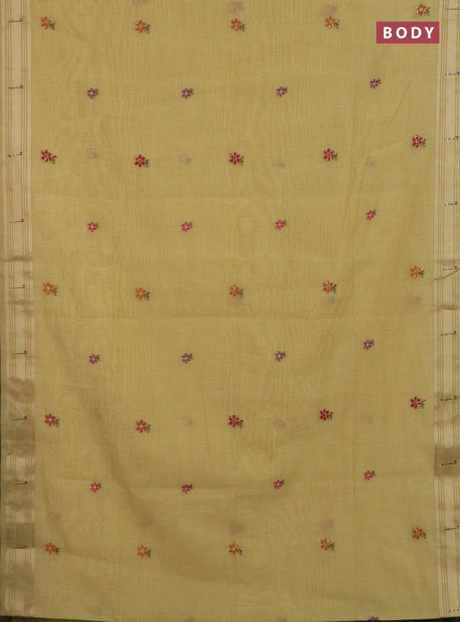 Jamdhani cotton saree pale yellow with thread woven buttas & embroidery work and embroidery jamdhani pallu
