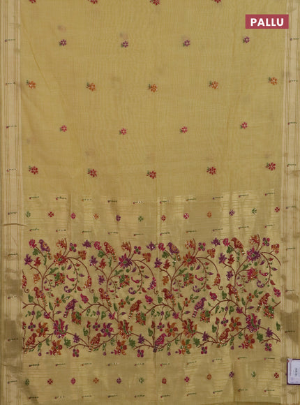 Jamdhani cotton saree pale yellow with thread woven buttas & embroidery work and embroidery jamdhani pallu