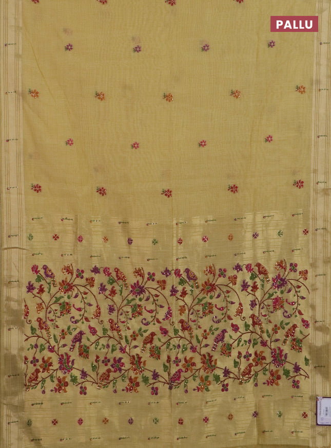 Jamdhani cotton saree pale yellow with thread woven buttas & embroidery work and embroidery jamdhani pallu