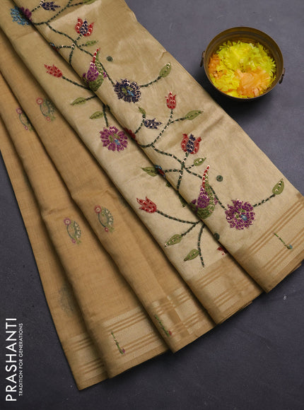 Jamdhani cotton saree sandal with thread woven buttas & embroidery work and embroidery jamdhani pallu
