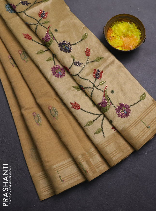 Jamdhani cotton saree sandal with thread woven buttas & embroidery work and embroidery jamdhani pallu