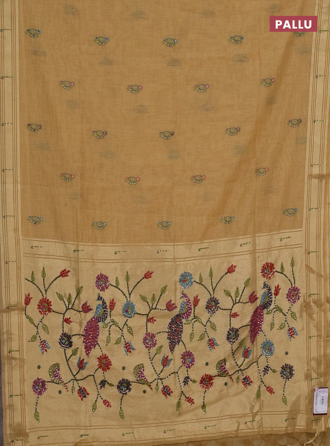 Jamdhani cotton saree sandal with thread woven buttas & embroidery work and embroidery jamdhani pallu