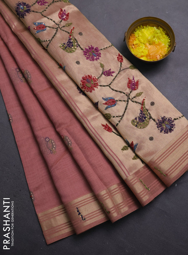 Jamdhani cotton saree peach shade with thread woven buttas & embroidery work and embroidery jamdhani pallu