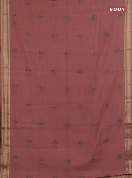 Jamdhani cotton saree peach shade with thread woven buttas & embroidery work and embroidery jamdhani pallu
