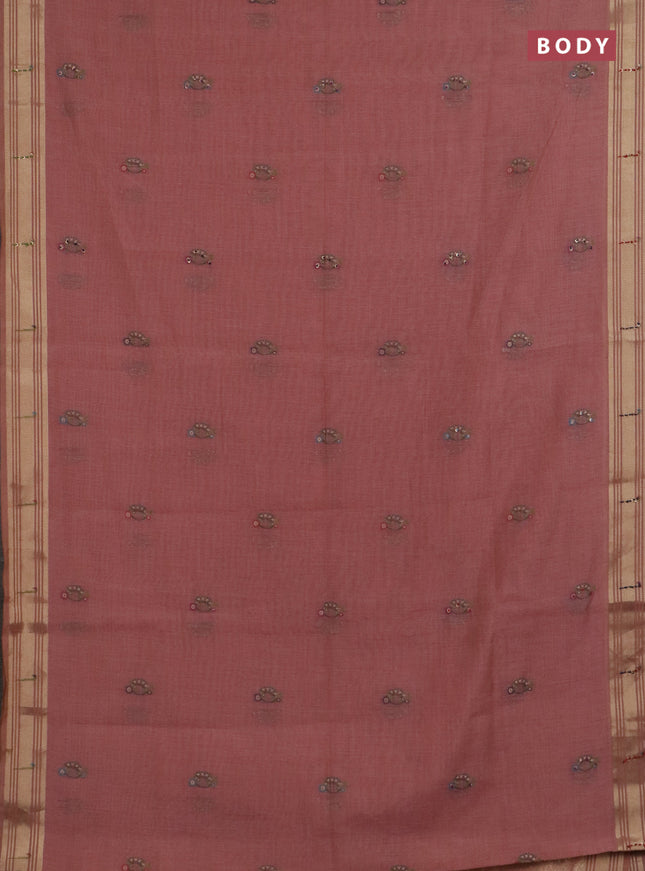 Jamdhani cotton saree peach shade with thread woven buttas & embroidery work and embroidery jamdhani pallu
