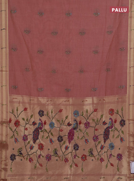 Jamdhani cotton saree peach shade with thread woven buttas & embroidery work and embroidery jamdhani pallu