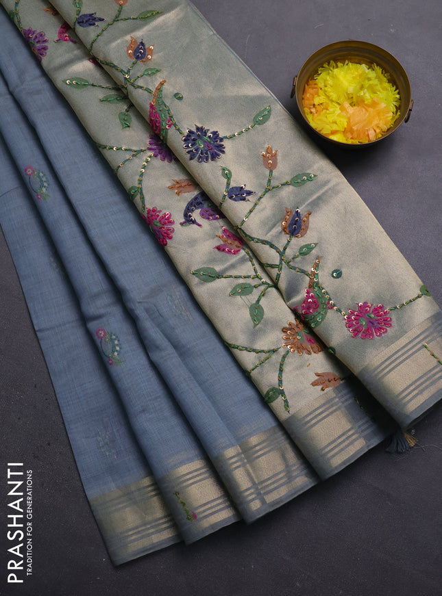 Jamdhani cotton saree bluish grey with thread woven buttas & embroidery work and embroidery jamdhani pallu