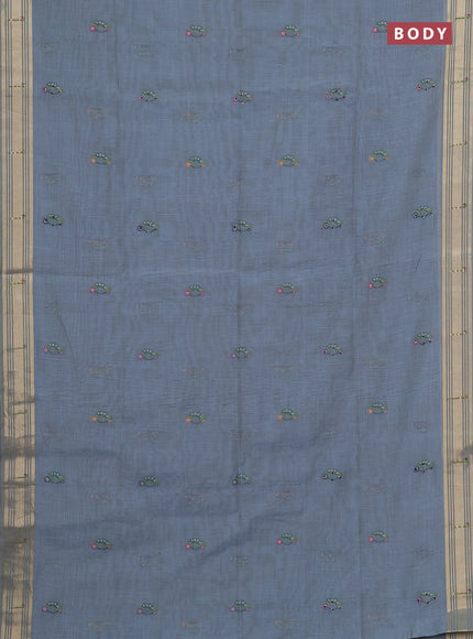 Jamdhani cotton saree bluish grey with thread woven buttas & embroidery work and embroidery jamdhani pallu