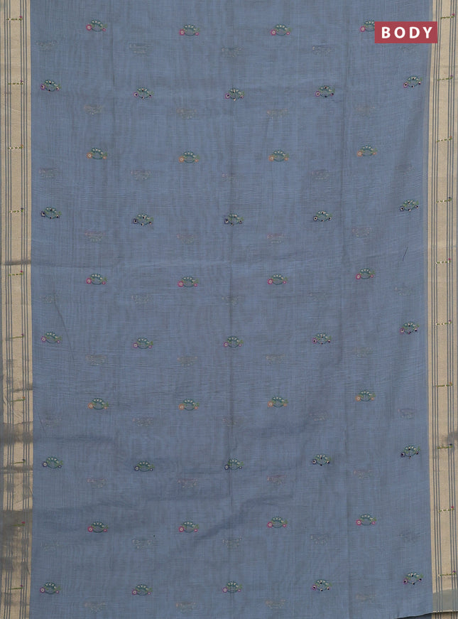Jamdhani cotton saree bluish grey with thread woven buttas & embroidery work and embroidery jamdhani pallu
