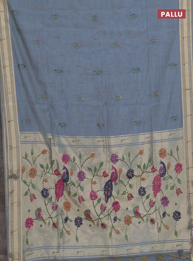 Jamdhani cotton saree bluish grey with thread woven buttas & embroidery work and embroidery jamdhani pallu
