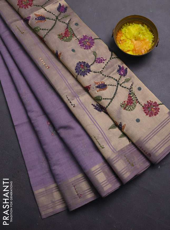 Jamdhani cotton saree lavender with thread woven buttas & embroidery work and embroidery jamdhani pallu