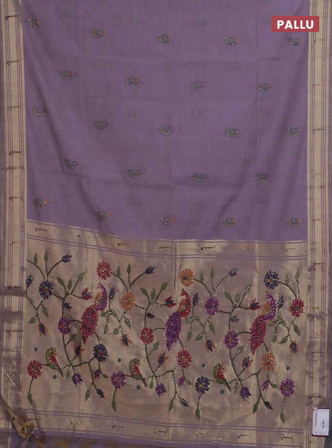 Jamdhani cotton saree lavender with thread woven buttas & embroidery work and embroidery jamdhani pallu