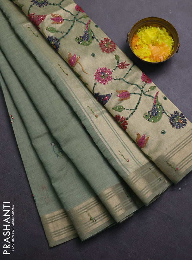 Jamdhani cotton saree pastel green with thread woven buttas & embroidery work and embroidery jamdhani pallu