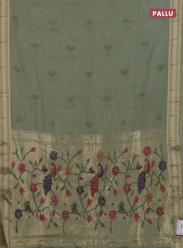Jamdhani cotton saree pastel green with thread woven buttas & embroidery work and embroidery jamdhani pallu